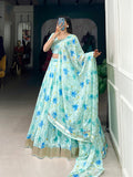 Pista Color Floral Print With Lace Border Tabby Silk Lehenga Choli