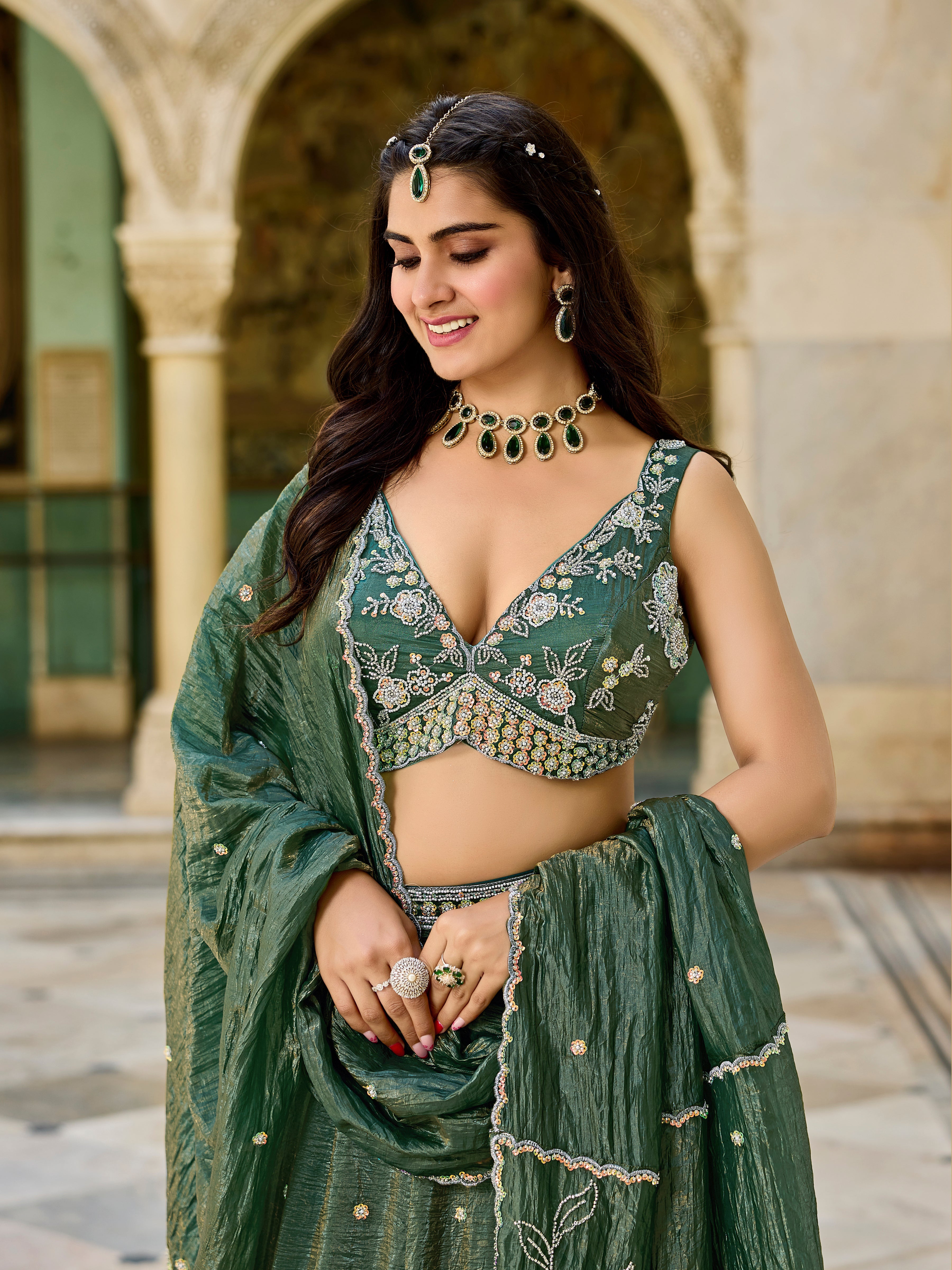 Designer Green Gold Crush Lehenga Choli Set – Floral Embroidery, Festive Ethnic Wear - Gunj Fashion