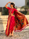 Pink Wedding Special Nauvari Paithani Soft Silk Saree with Zari Woven Polka Motifs and Peacock Pallu