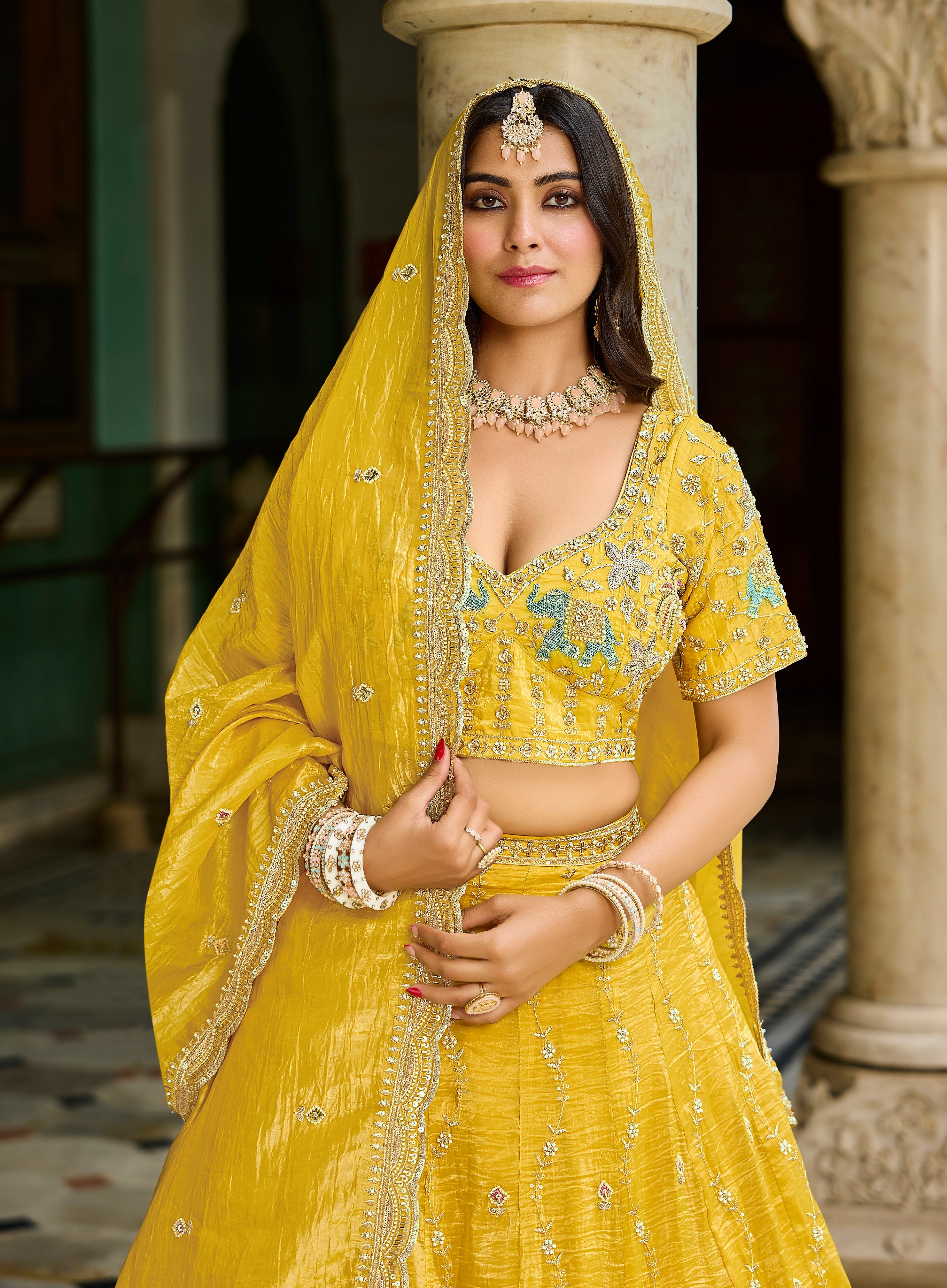 Yellow Tissue Lehenga – Bridal & Festive Wear - Gunj Fashion