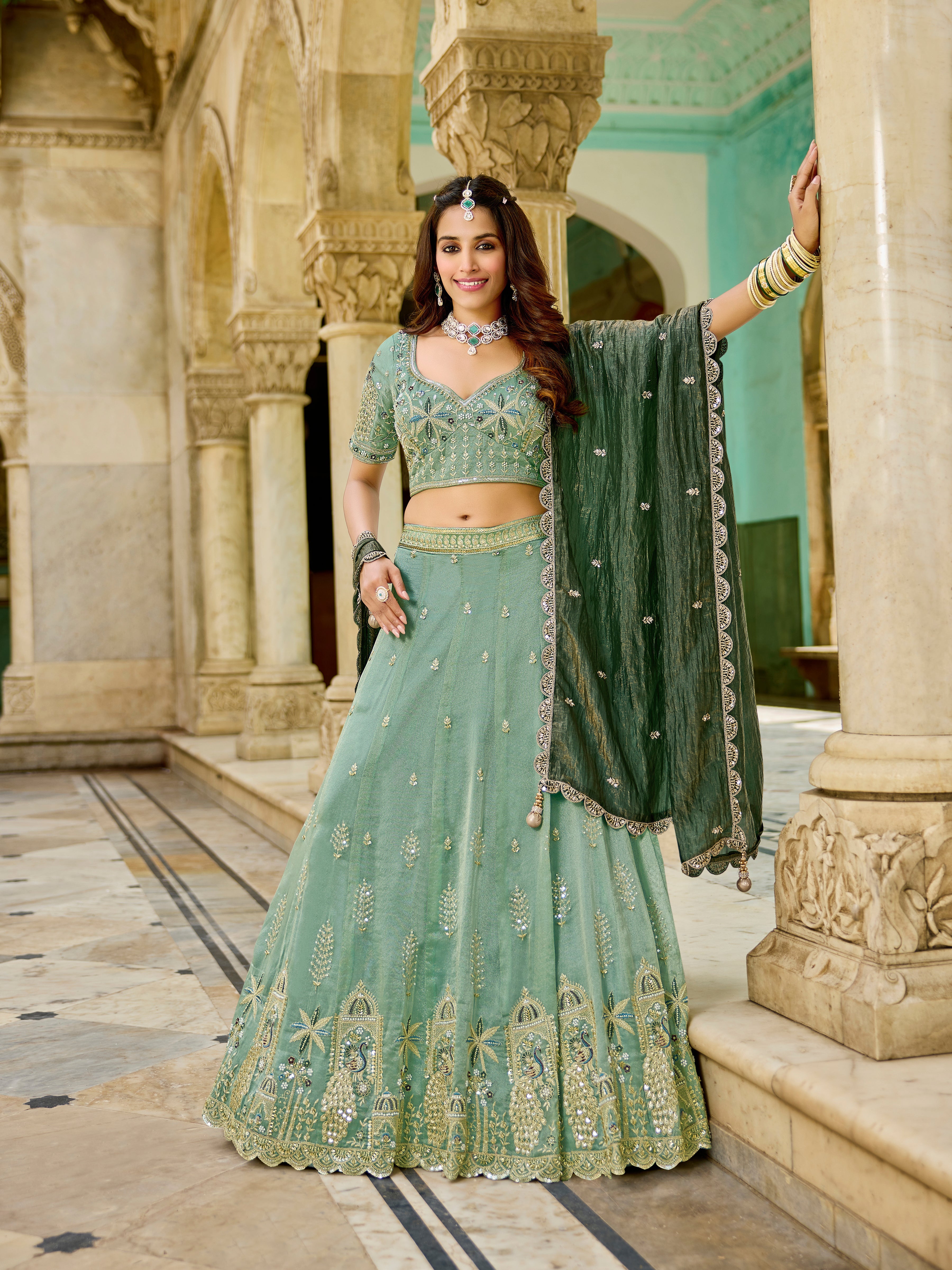 Elegant Mint Green Tissue Lehenga-Wedding & Festive Wear - Gunj Fashion