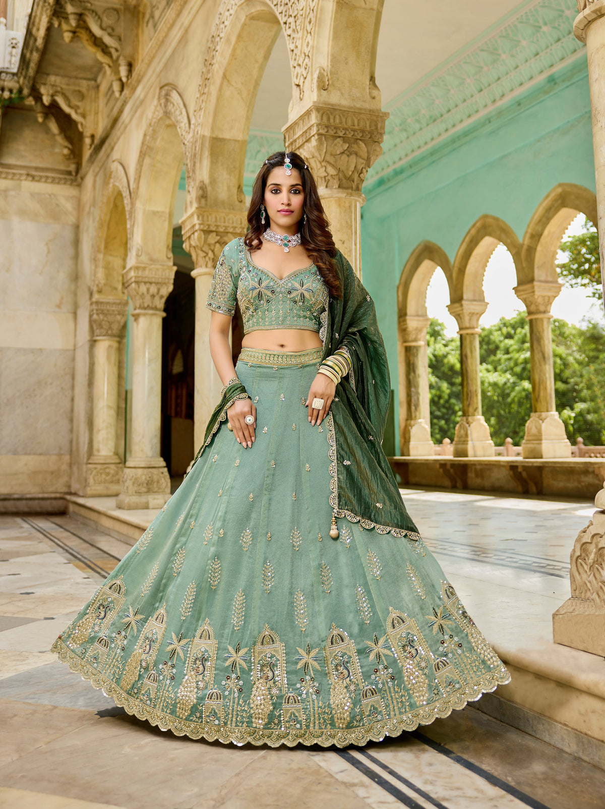 Elegant Mint Green Tissue Lehenga-Wedding & Festive Wear - Gunj Fashion