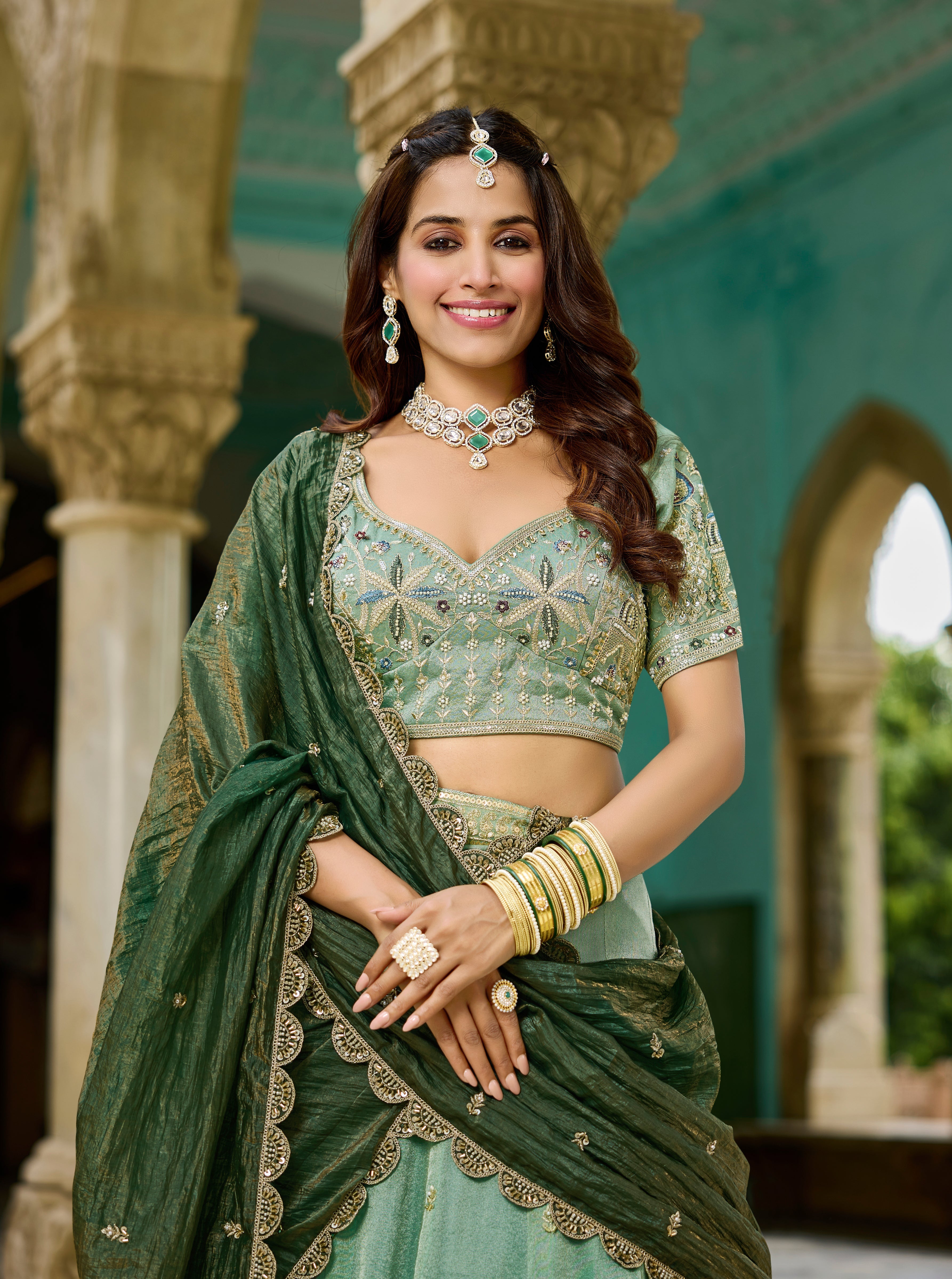 Elegant Mint Green Tissue Lehenga-Wedding & Festive Wear - Gunj Fashion