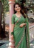 Pista Green Pure Crush Embroidered Saree with Multicolor Floral Motifs and Cutwork Border