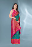 Green with Pink Polka Paithani Silk Contrast Zari Woven Saree with Unstitched Blouse
