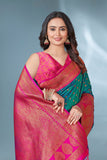 Green with Pink Polka Paithani Silk Contrast Zari Woven Saree with Unstitched Blouse