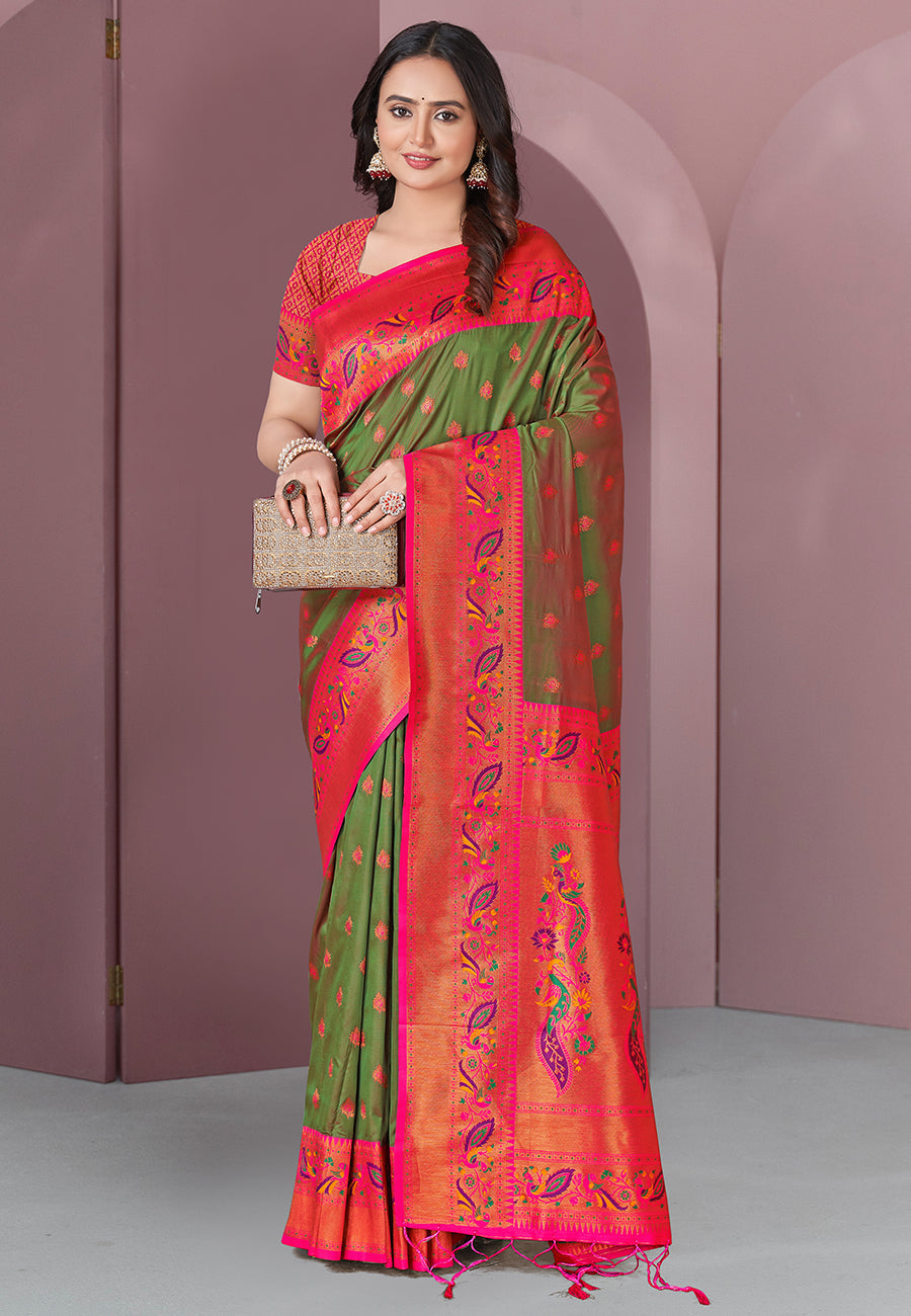 Mehendi Green Original Meenakari Paithani Silk Zari Woven Saree