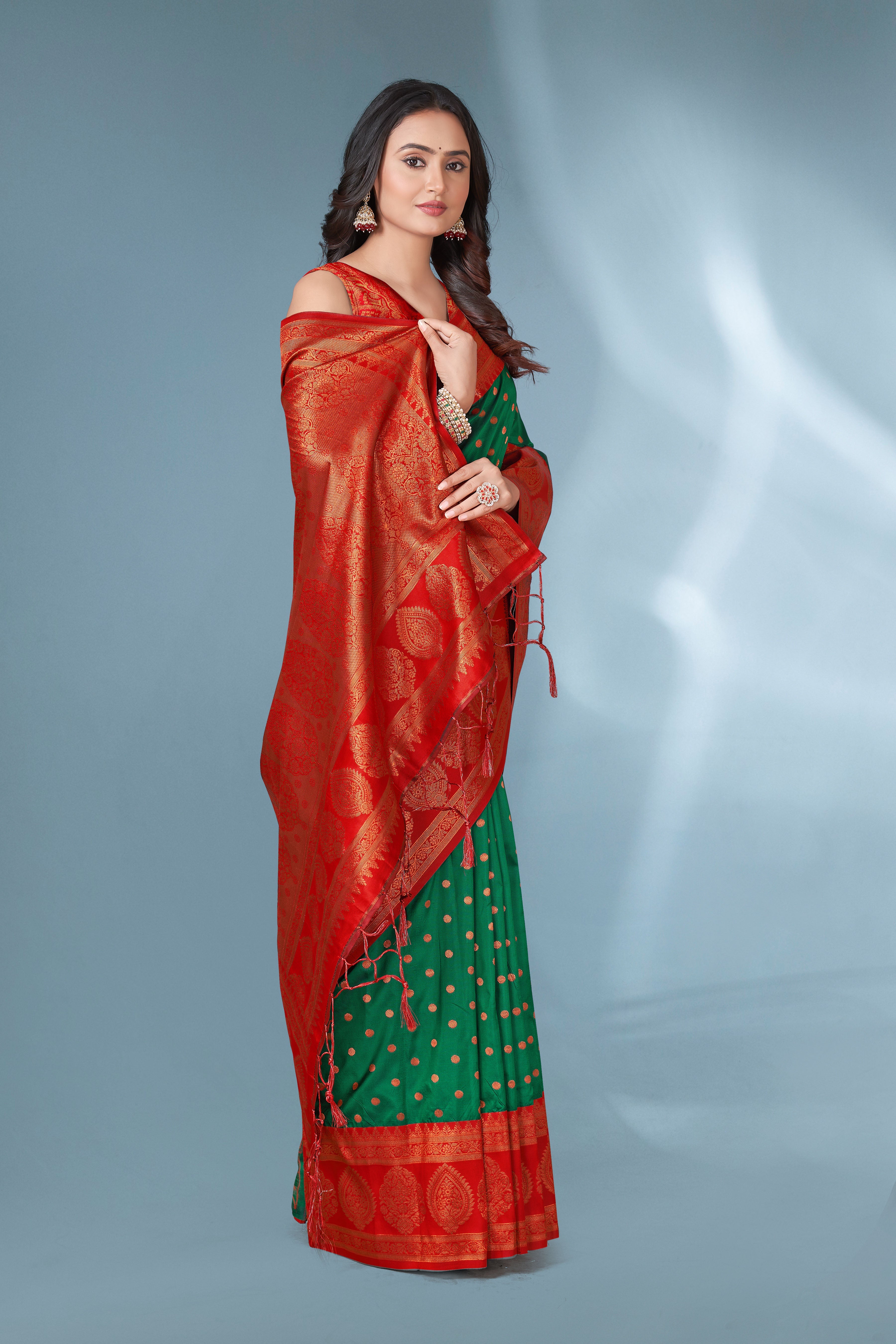 Green with Red Polka Paithani Silk Contrast Zari Woven Saree with Unstitched Blouse