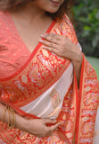 White Red Soft Silk Saree with Baluchari Durga Pooja Zari Woven Saree