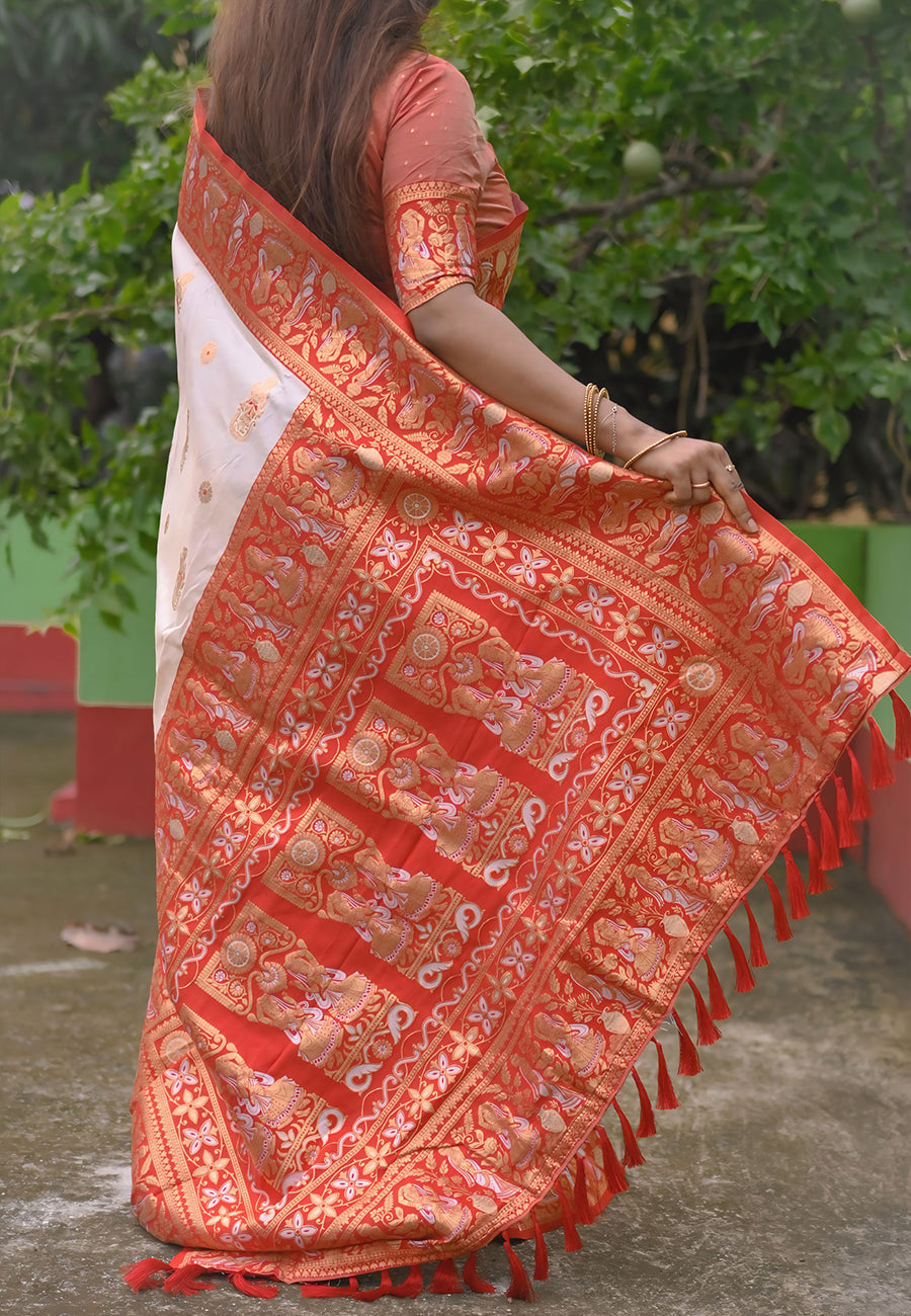 White Red Soft Silk Saree with Baluchari Durga Pooja Zari Woven Saree