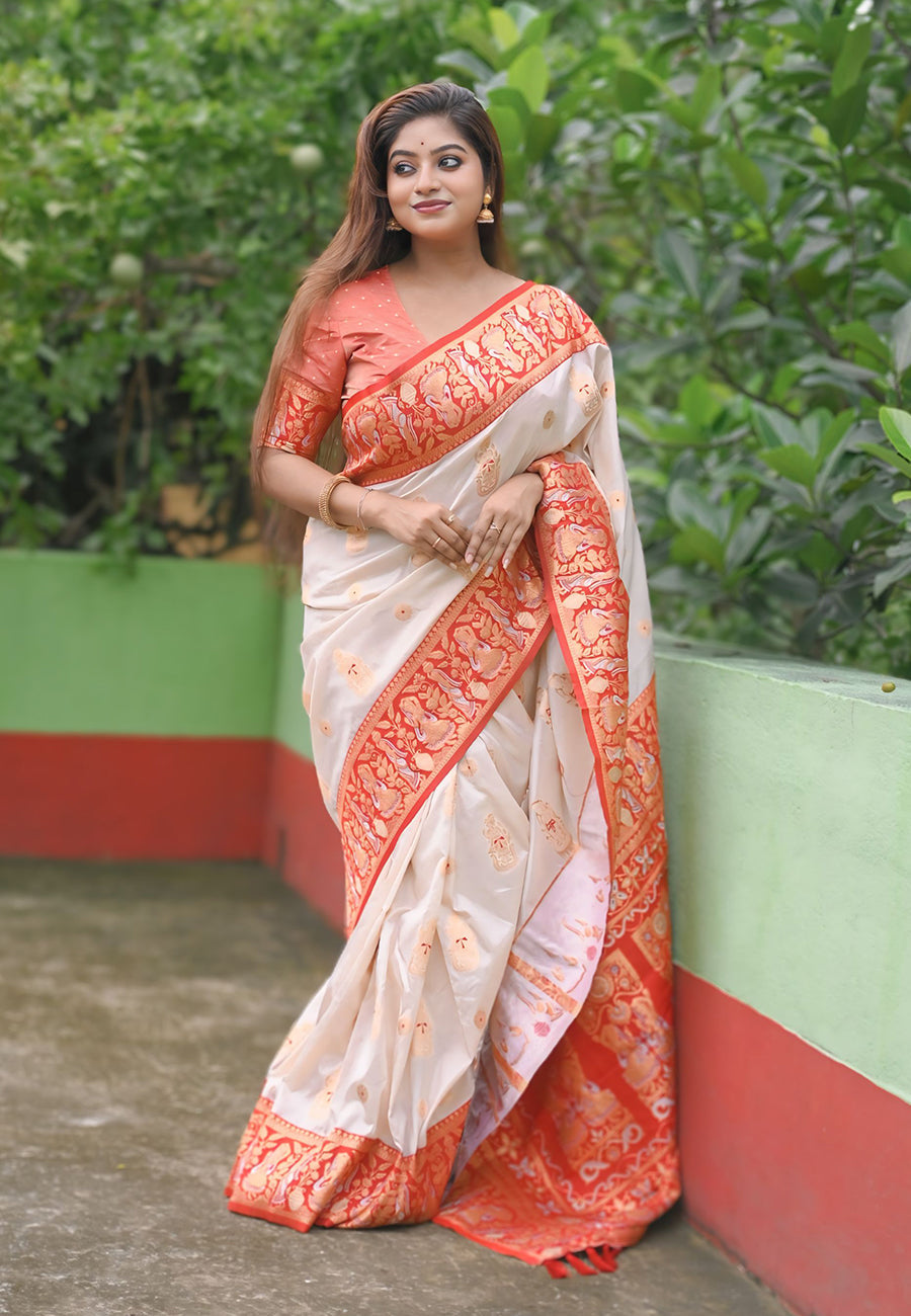 White Red Soft Silk Saree with Baluchari Durga Pooja Zari Woven Saree
