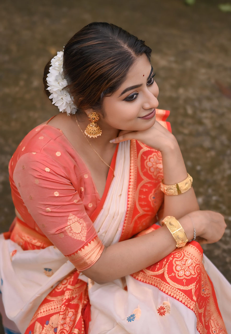 White Red Soft Silk Saree with Flower Butti Durga Pooja Zari Woven Saree