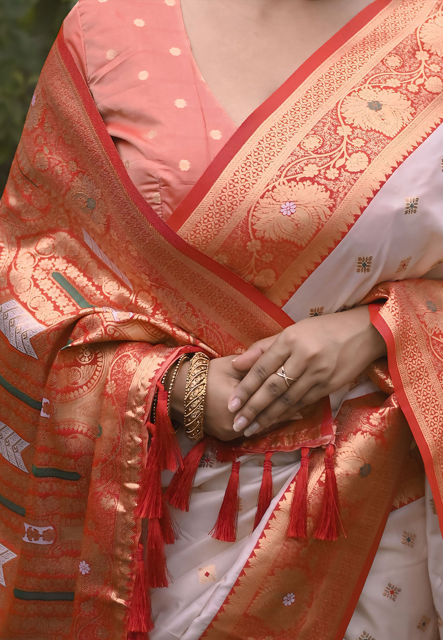 White Red Soft Silk Saree with Butti Durga Pooja Zari Woven Saree