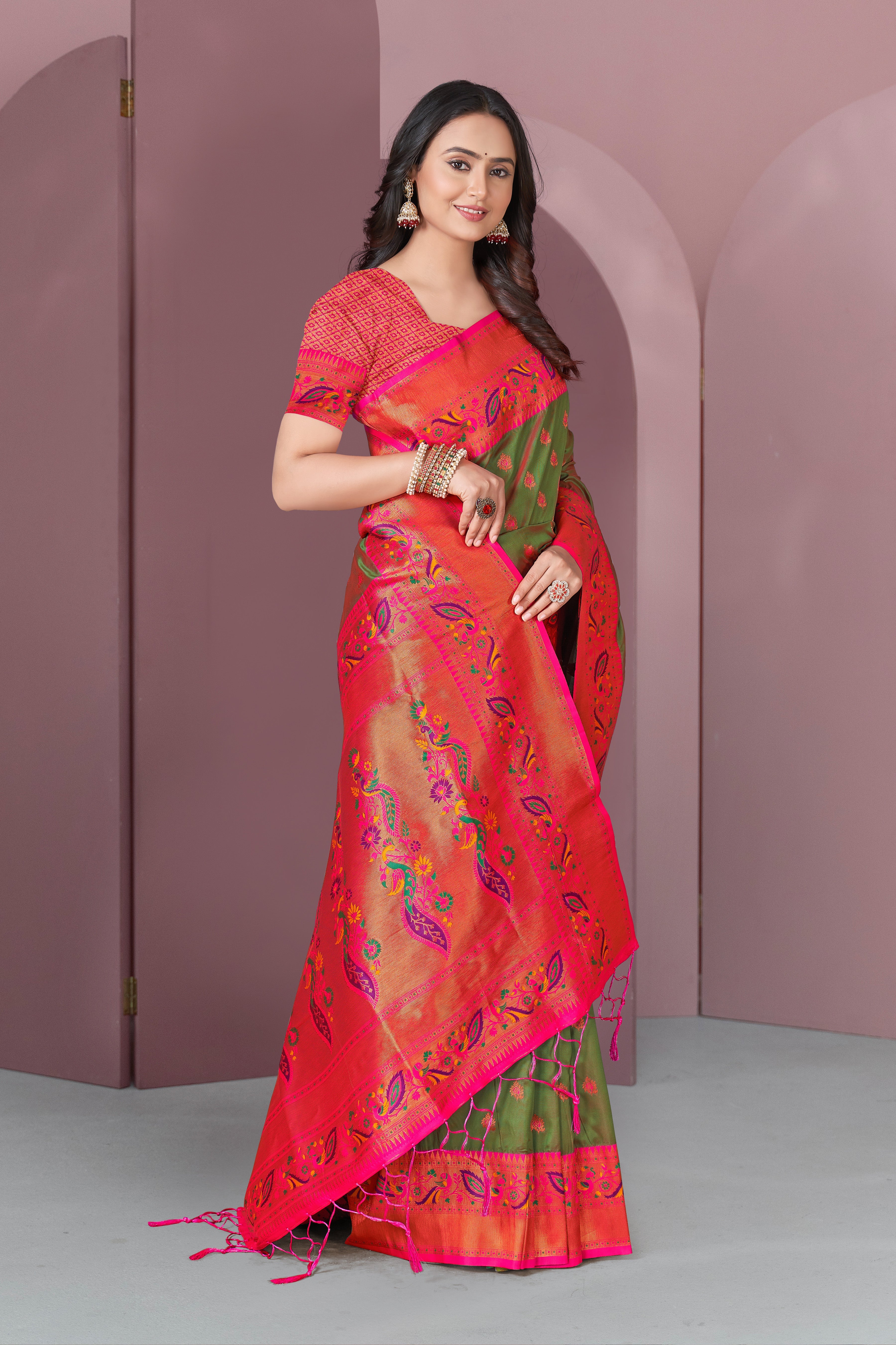 Mehendi Green Original Meenakari Paithani Silk Zari Woven Saree