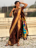 Coffee Wedding Special Nauvari Paithani Soft Silk Saree with Zari Woven Polka Motifs and Peacock Pallu