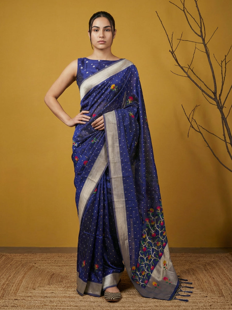 royal blue soft organza saree with flower meenakari weaving and jamdani pallu