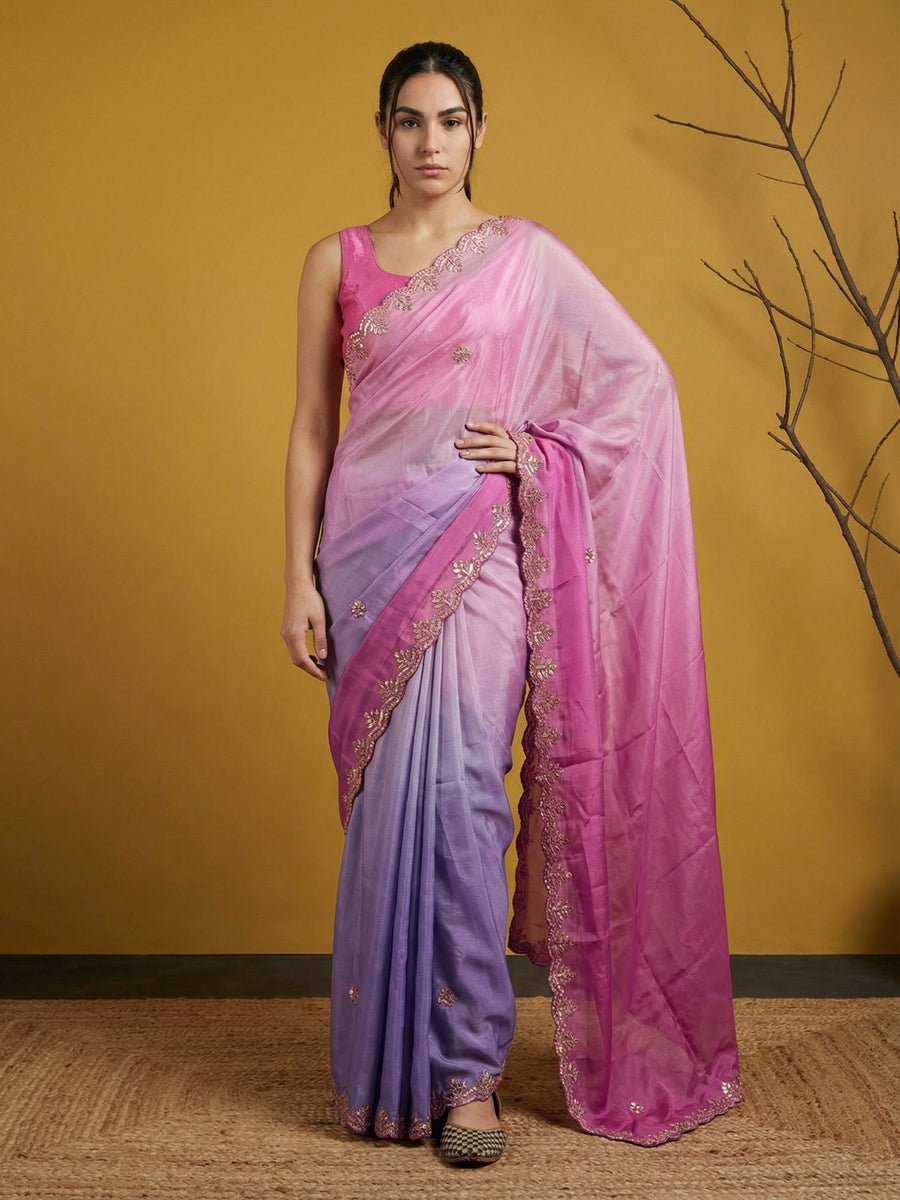 double shade fendy satin saree with intricate gotapatti embroidery