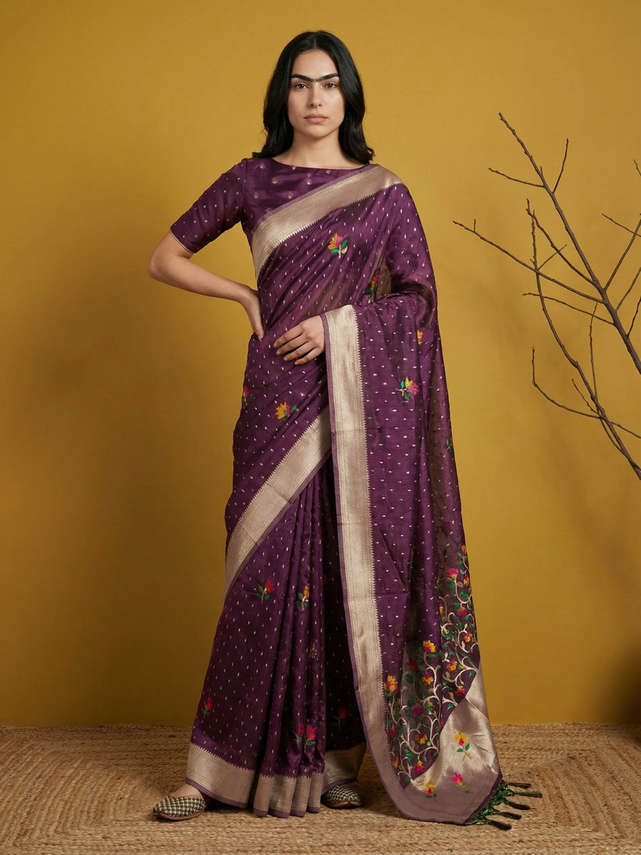 wine soft organza saree with flower meenakari weaving and jamdani pallu