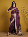 wine soft organza saree with flower meenakari weaving and jamdani pallu