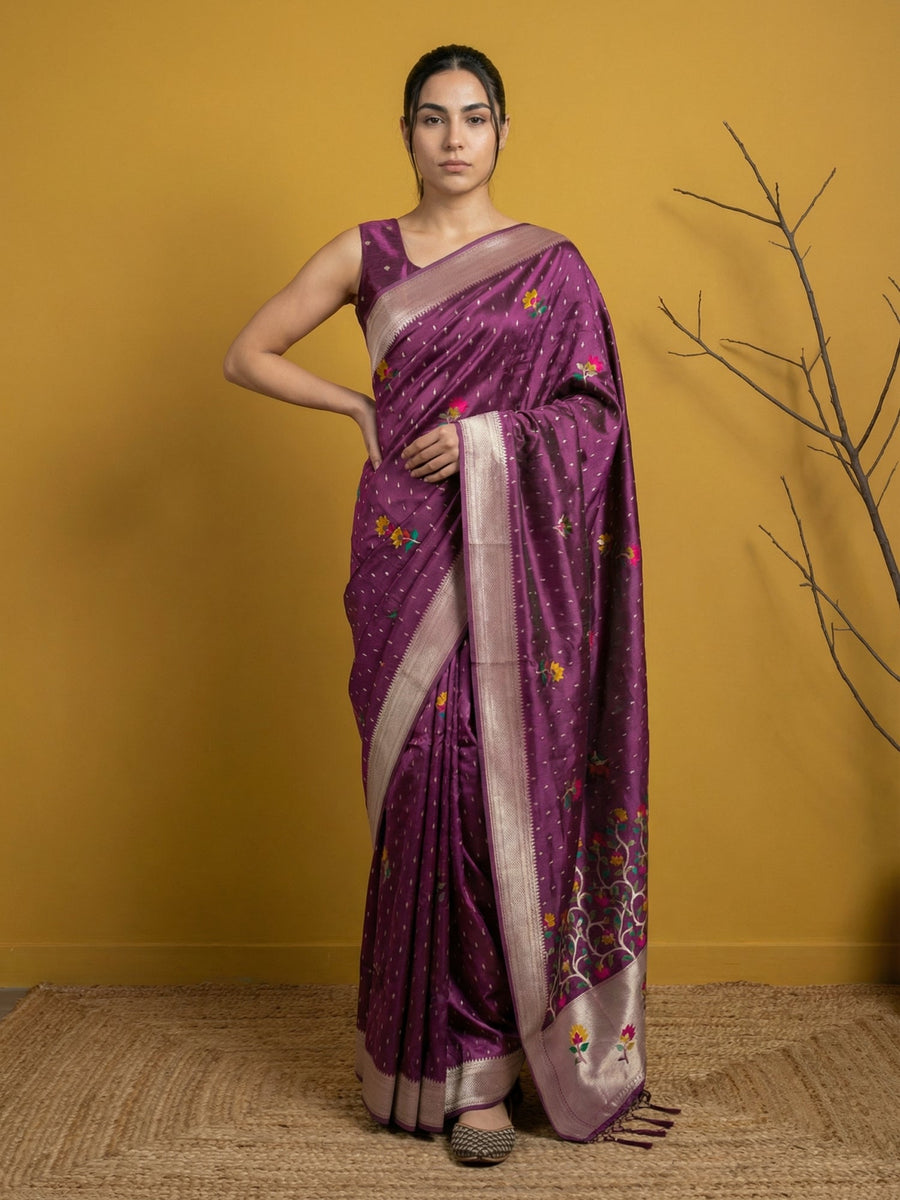 soft organza saree with flower meenakari weaving and jamdani pallu