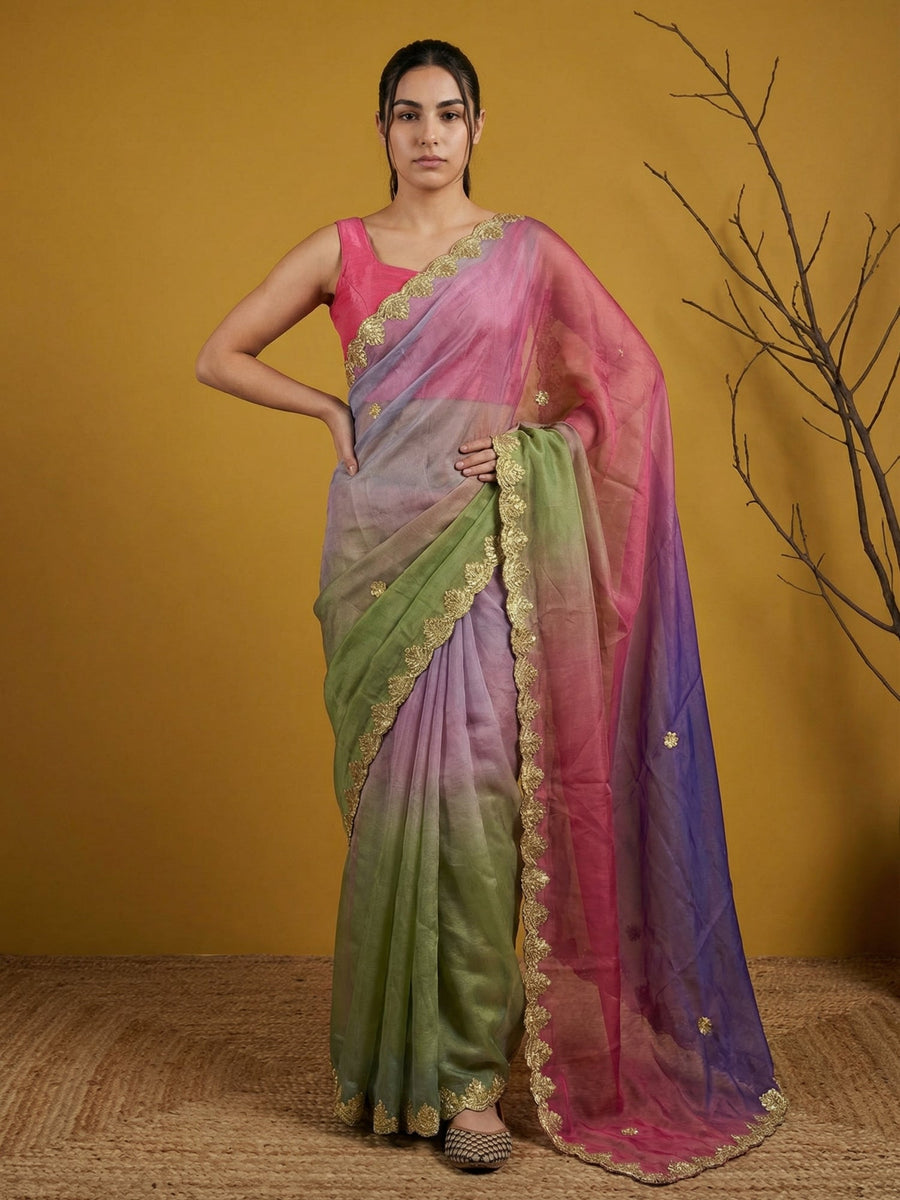 unique style fendy satin saree with intricate gotapatti embroidery