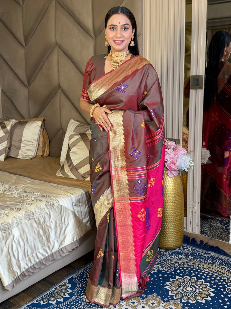 Coffee Soft Silk Ikkat Patola Saree with Meenakari Motifs Peacock Pallu and Gold Zari Border