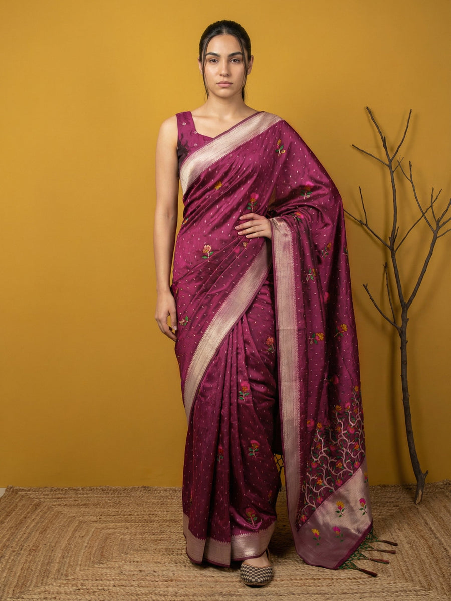 soft organza saree with flower meenakari weaving and jamdani pallu