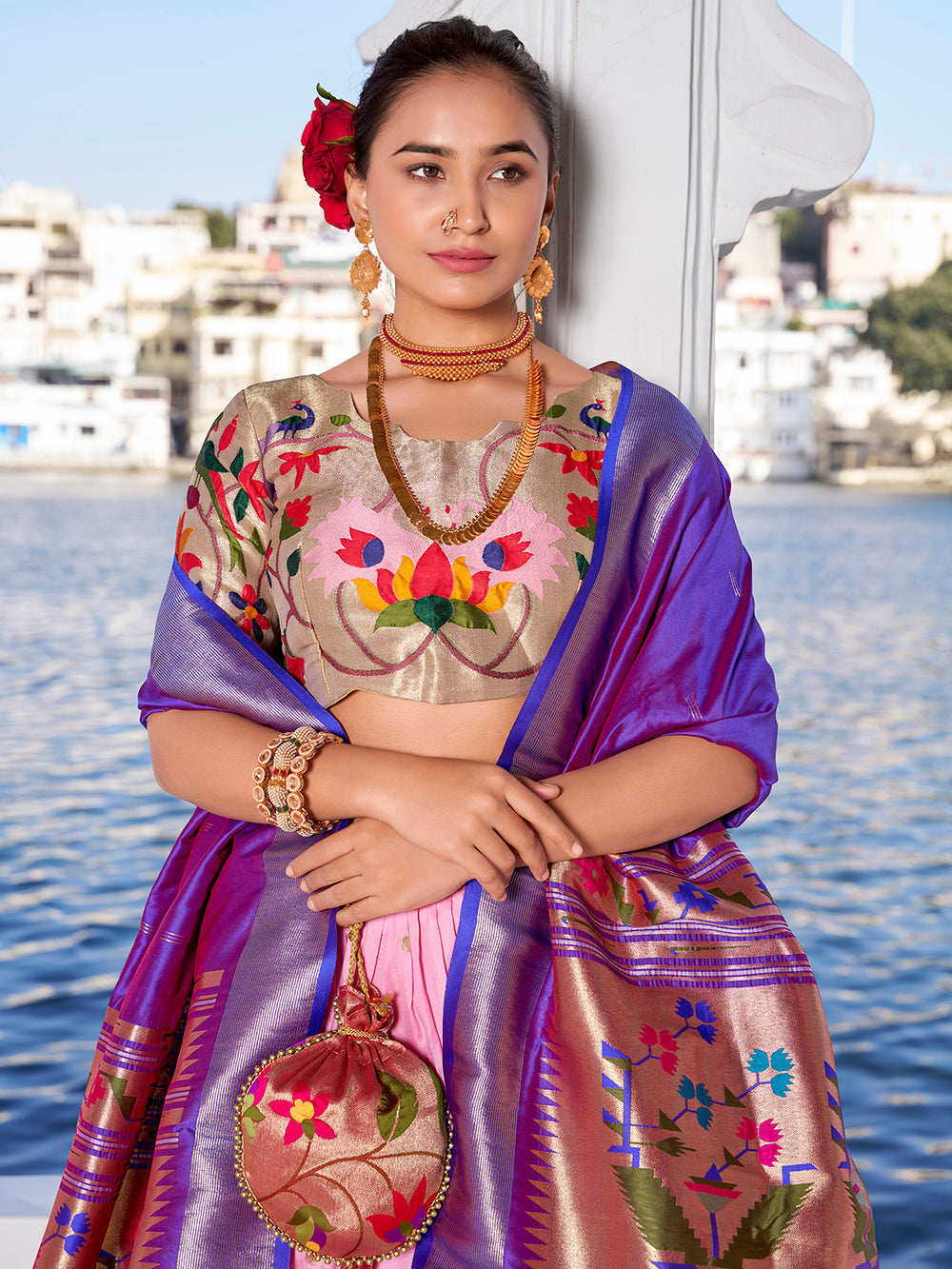 Light Pink Color Weaving Zari Work With Jacquard Silk (Paithani) South Wedding Lehenga Choli