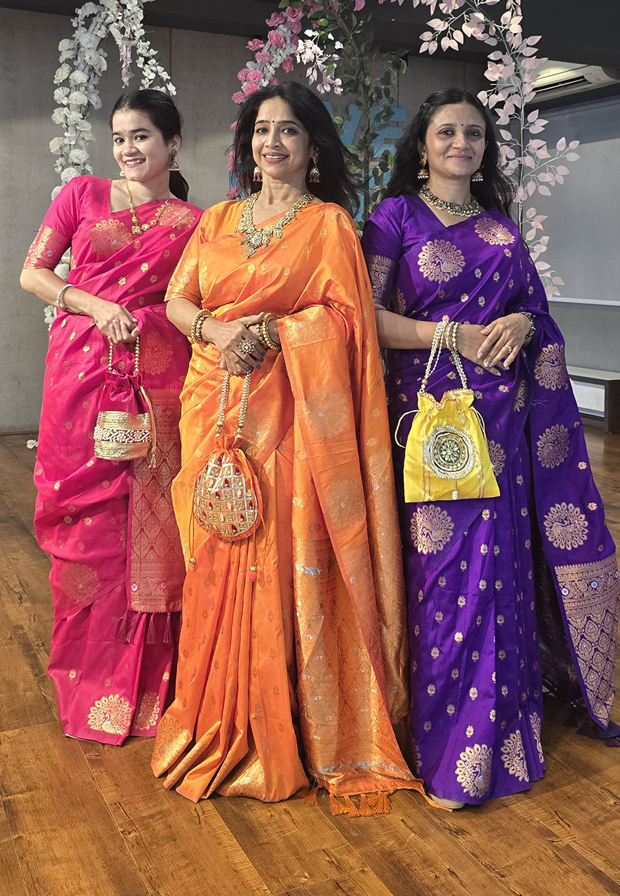 Orange Soft Silk Dual Zari Woven Saree with Peacock Border