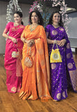 Orange Soft Silk Dual Zari Woven Saree with Peacock Border