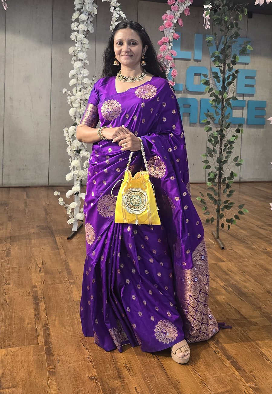 Purple Soft Silk Dual Zari Woven Saree with Peacock Border