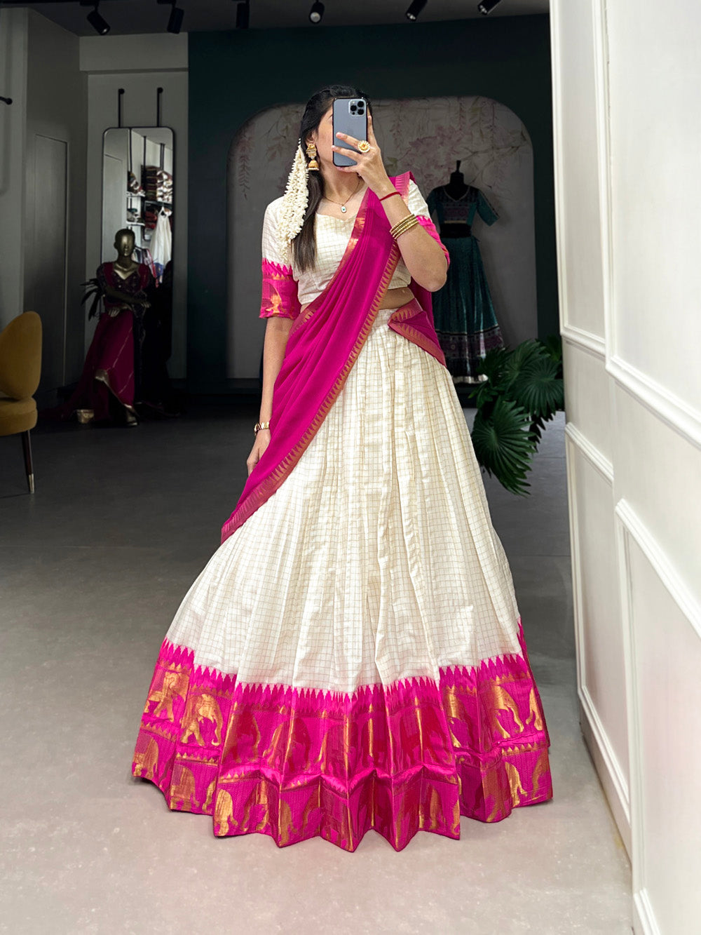 Pink Color Chex With Zari Weaving Work Poly Cotton Lehenga Choli