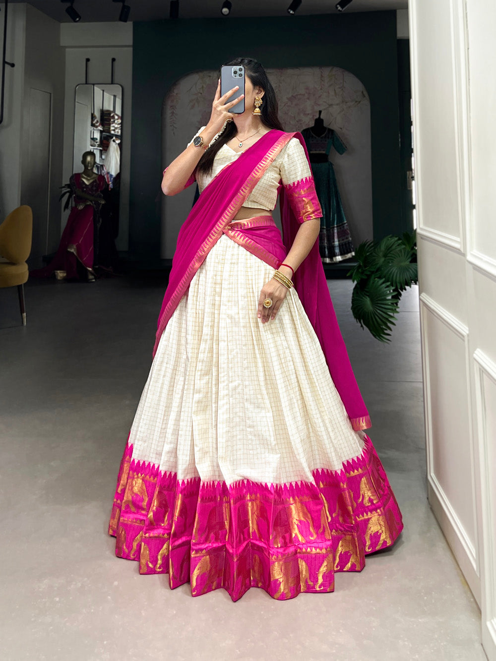 Pink Color Chex With Zari Weaving Work Poly Cotton Lehenga Choli
