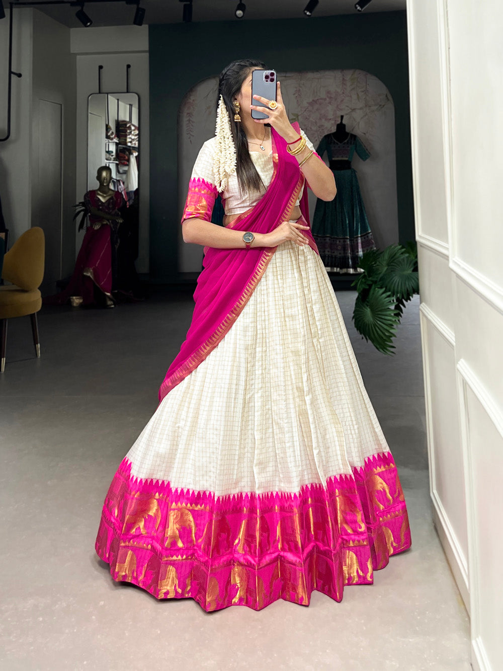 Pink Color Chex With Zari Weaving Work Poly Cotton Lehenga Choli