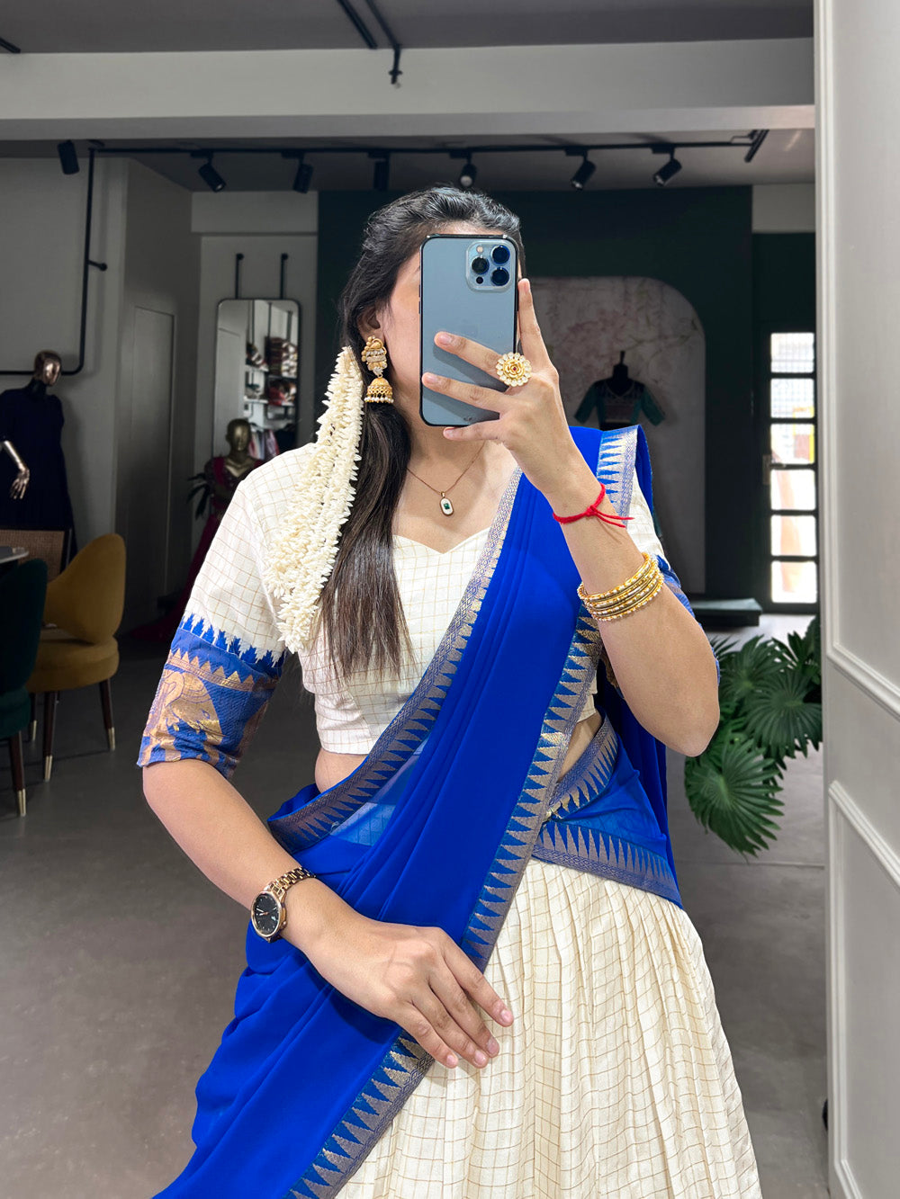 Royal Blue Color Chex With Zari Weaving Work Poly Cotton Pattu Lehenga Choli