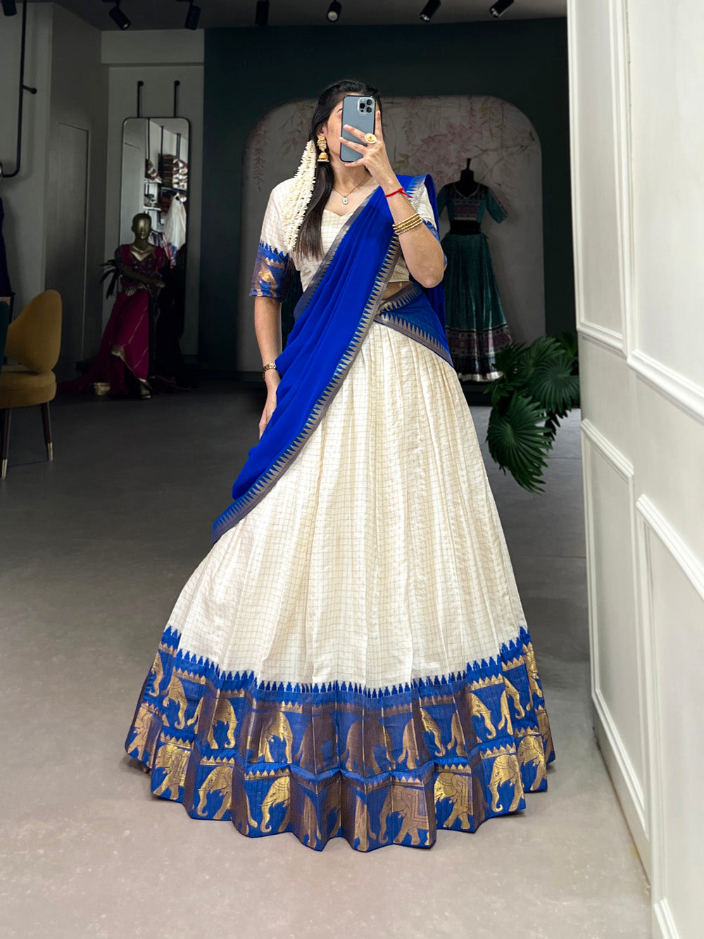 Royal Blue Color Chex With Zari Weaving Work Poly Cotton Pattu Lehenga Choli