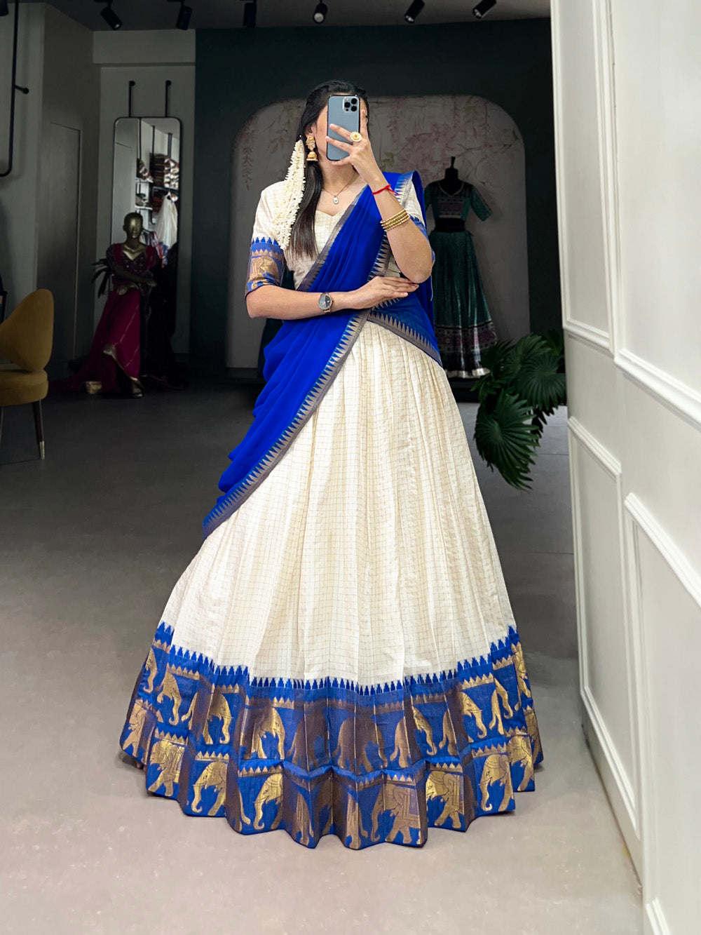 Royal Blue Color Chex With Zari Weaving Work Poly Cotton Pattu Lehenga Choli