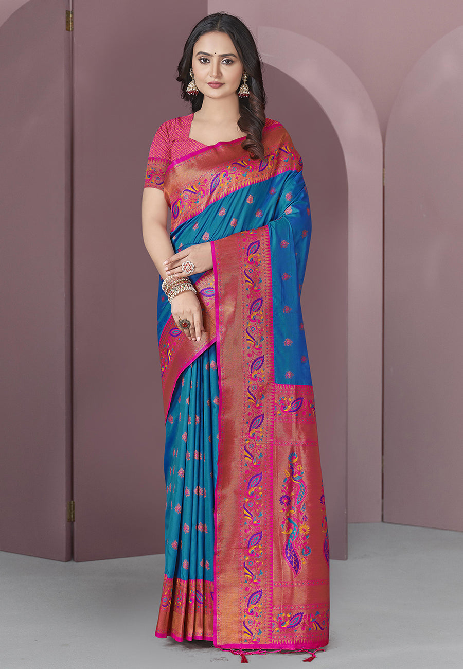 Blue Original Meenakari Paithani Silk Zari Woven Saree