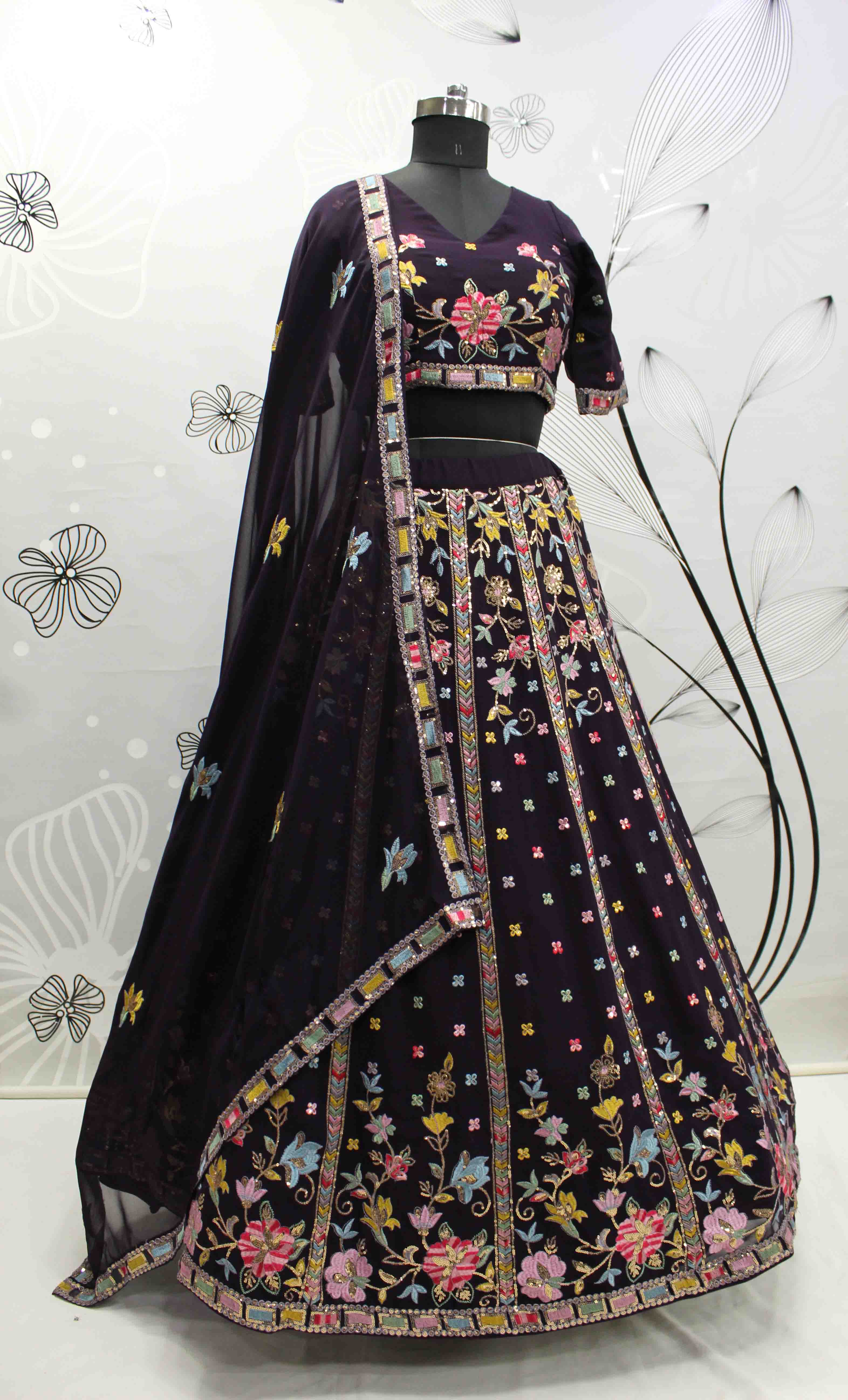 Amazing Purple Thread Embroidered Georgette Lehenga Choli For Indian Wedding