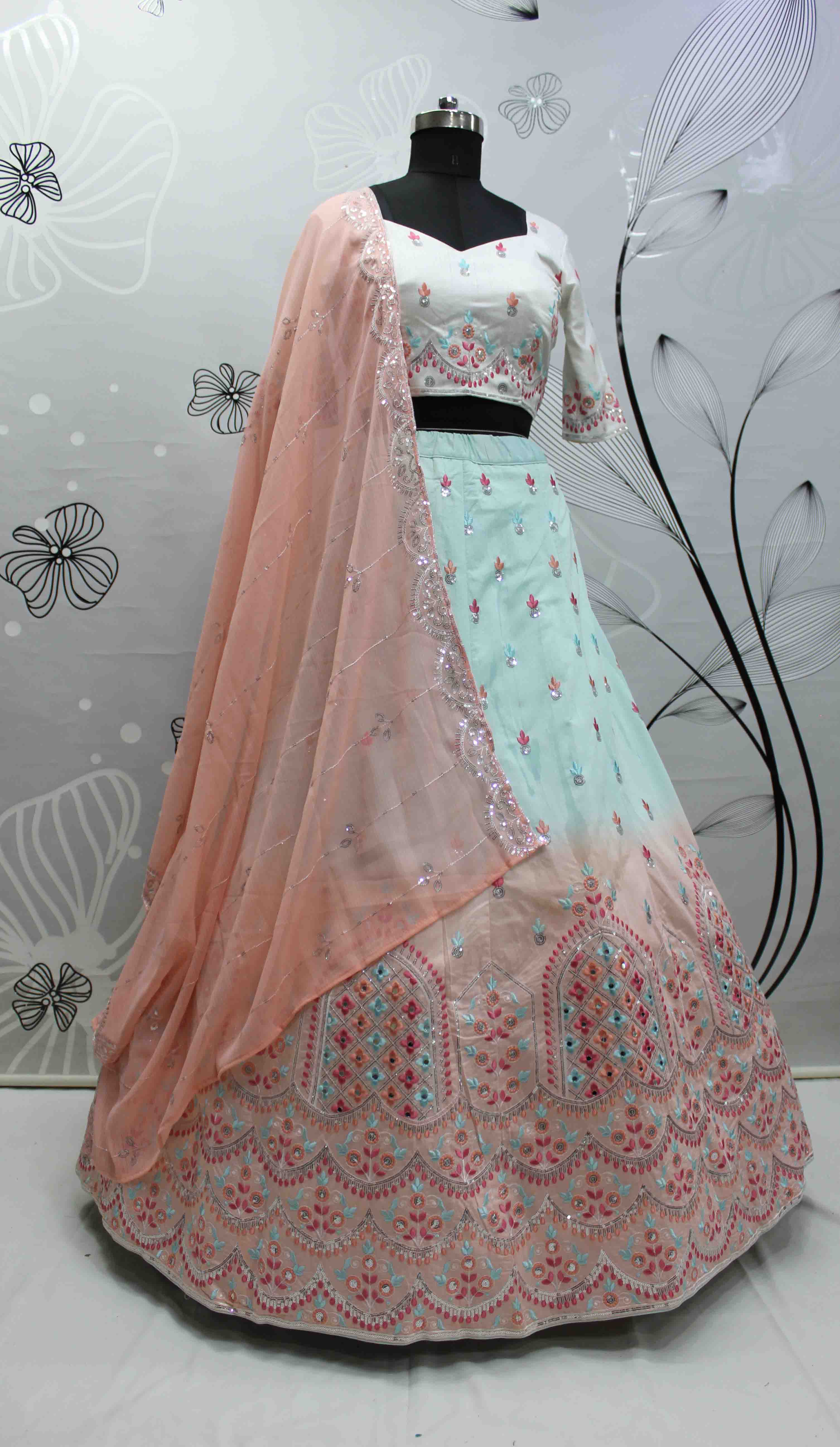 Sky Art Silk Lehenga featuring Thread and Sequins Embroidery and Mirror Work