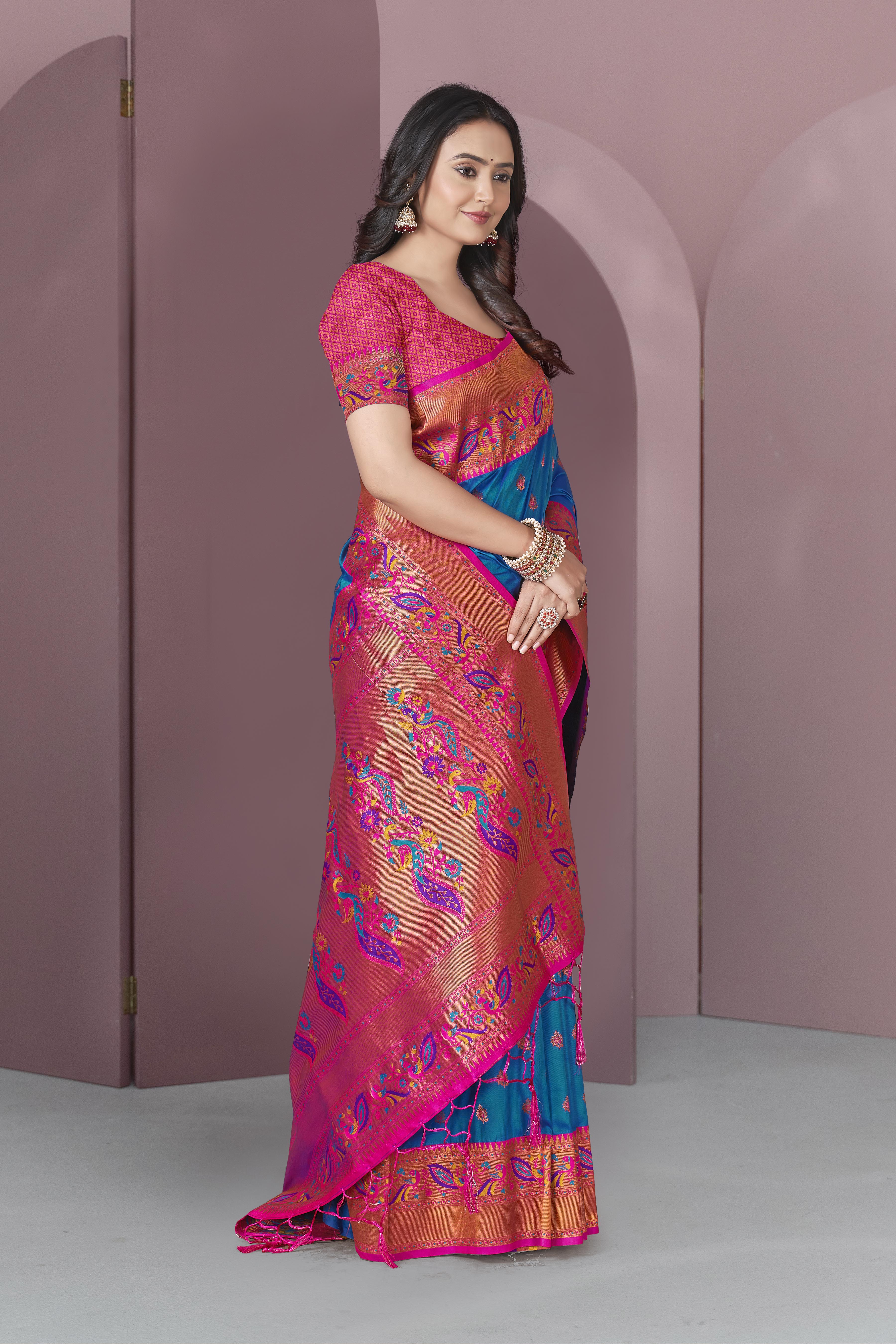 Blue Original Meenakari Paithani Silk Zari Woven Saree