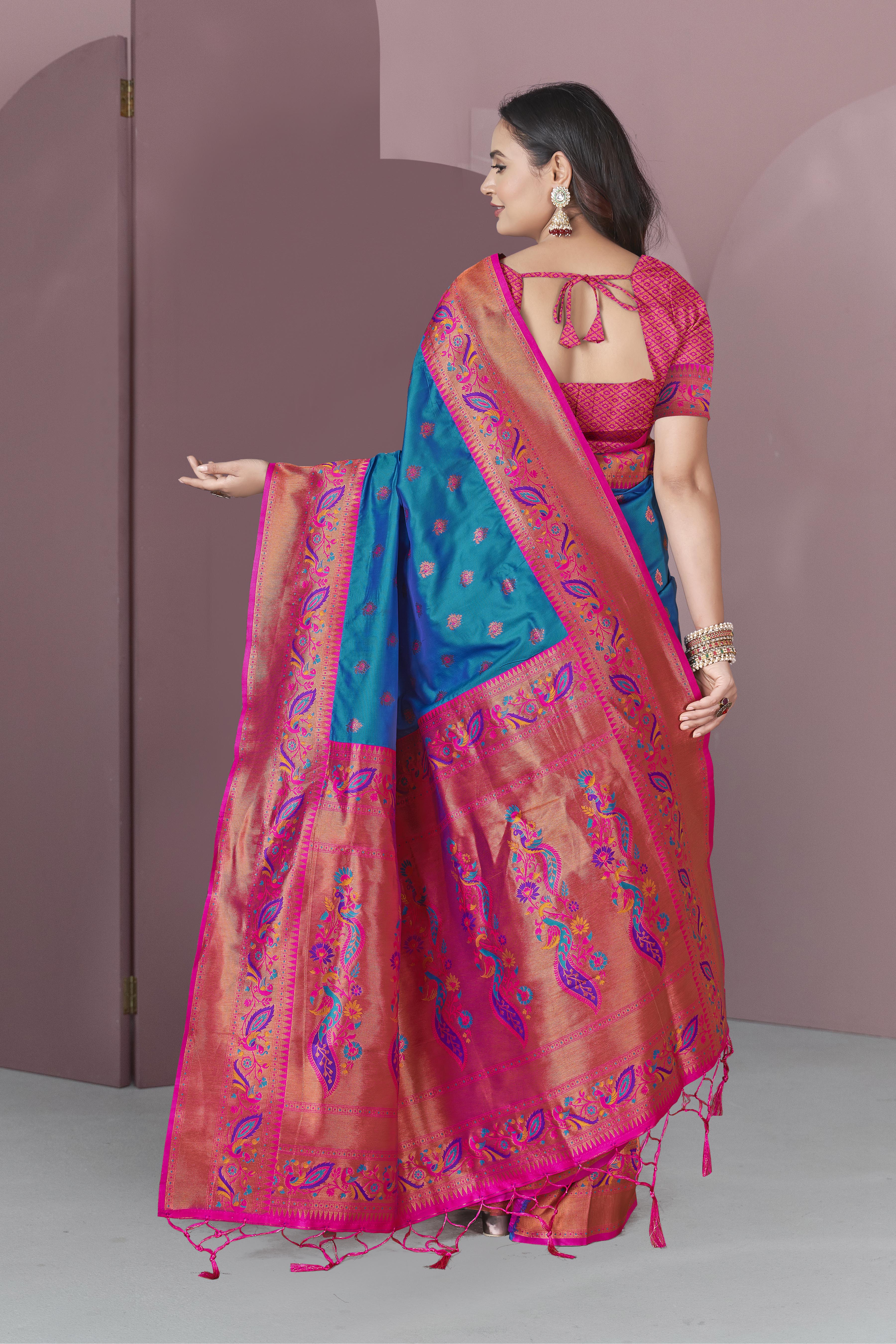 Blue Original Meenakari Paithani Silk Zari Woven Saree