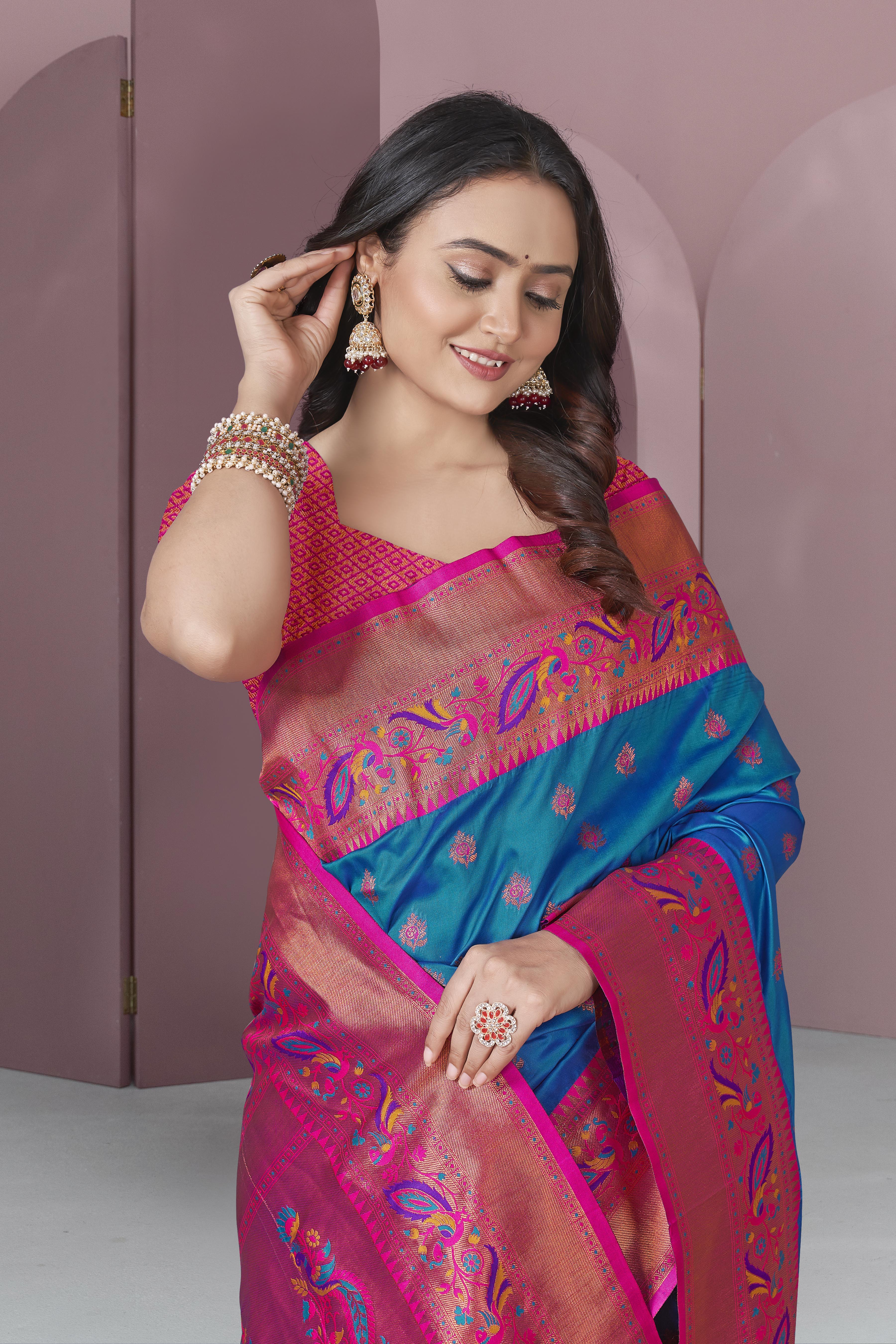 Blue Original Meenakari Paithani Silk Zari Woven Saree