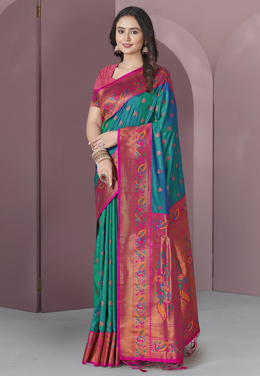 Green with Pink Original Meenakari Paithani Silk Zari Woven Saree