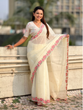 White Pure Crush Embroidered Saree with Multicolor Floral Motifs and Cutwork Border