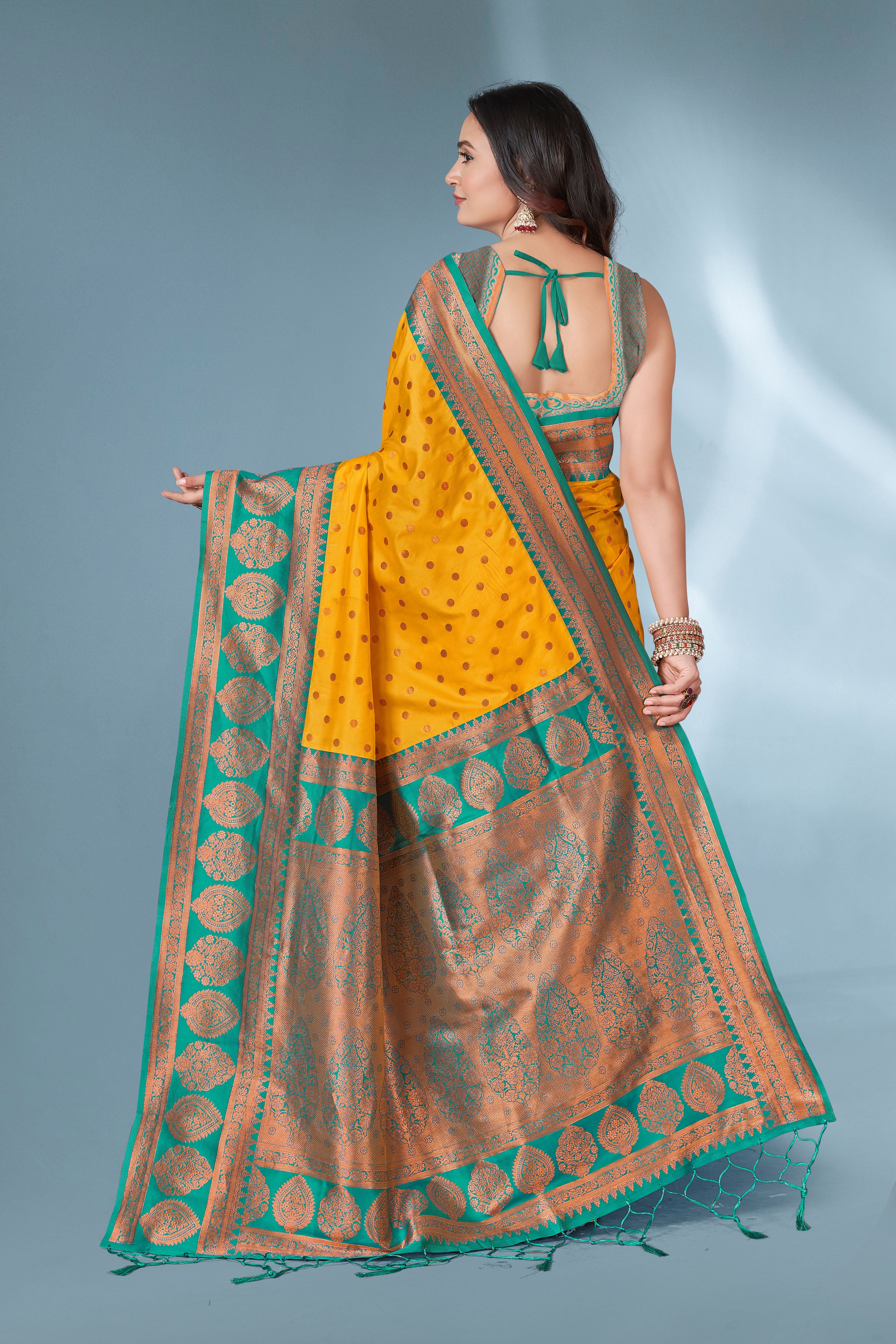 Yellow Polka Paithani Silk Contrast Zari Woven Saree with Unstitched Blouse