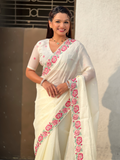 White Pure Crush Embroidered Saree with Multicolor Floral Motifs and Cutwork Border