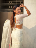 White Pure Crush Embroidered Saree with Multicolor Floral Motifs and Cutwork Border
