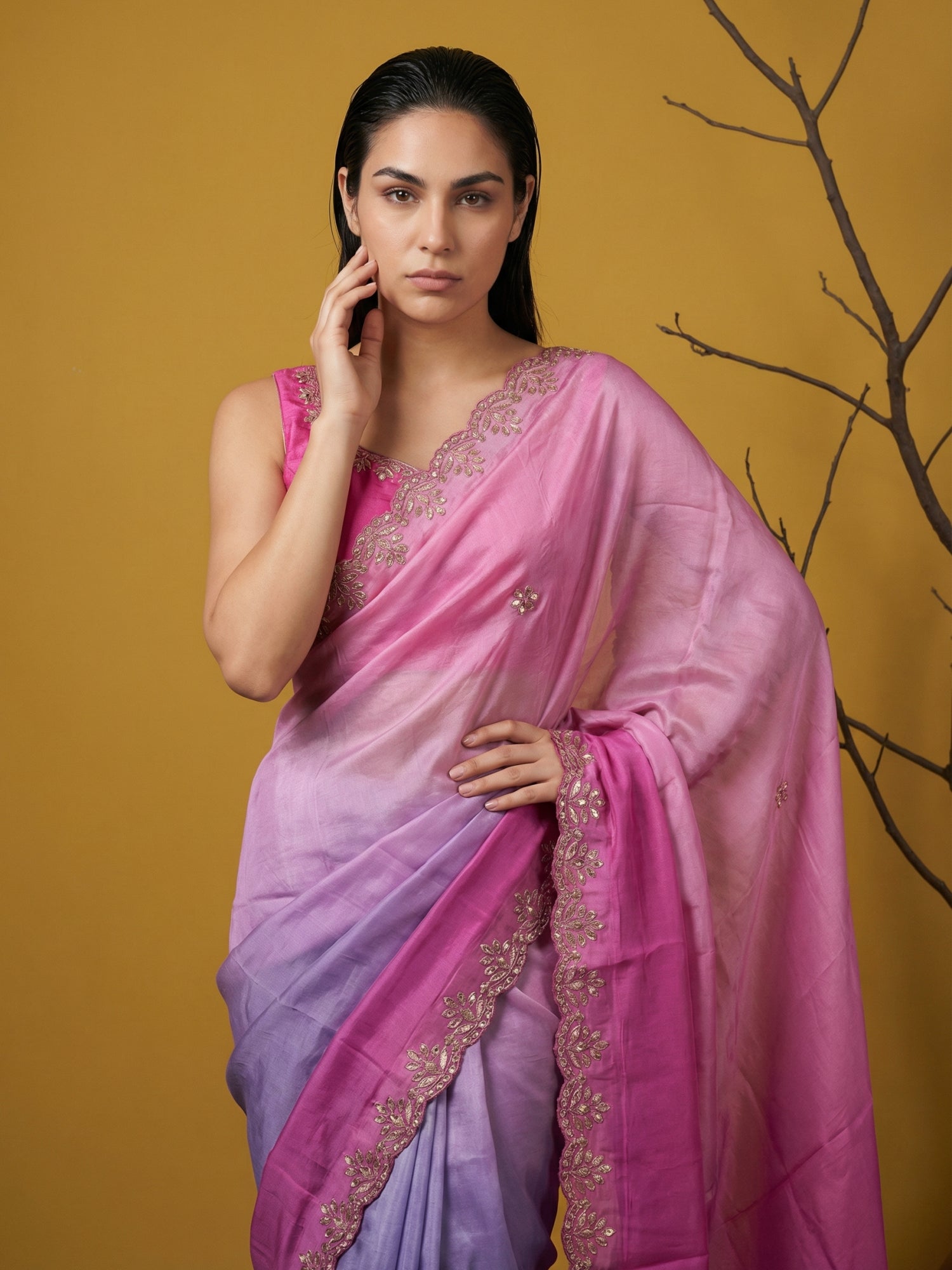 elegant dual color satin saree with cutwork piping border