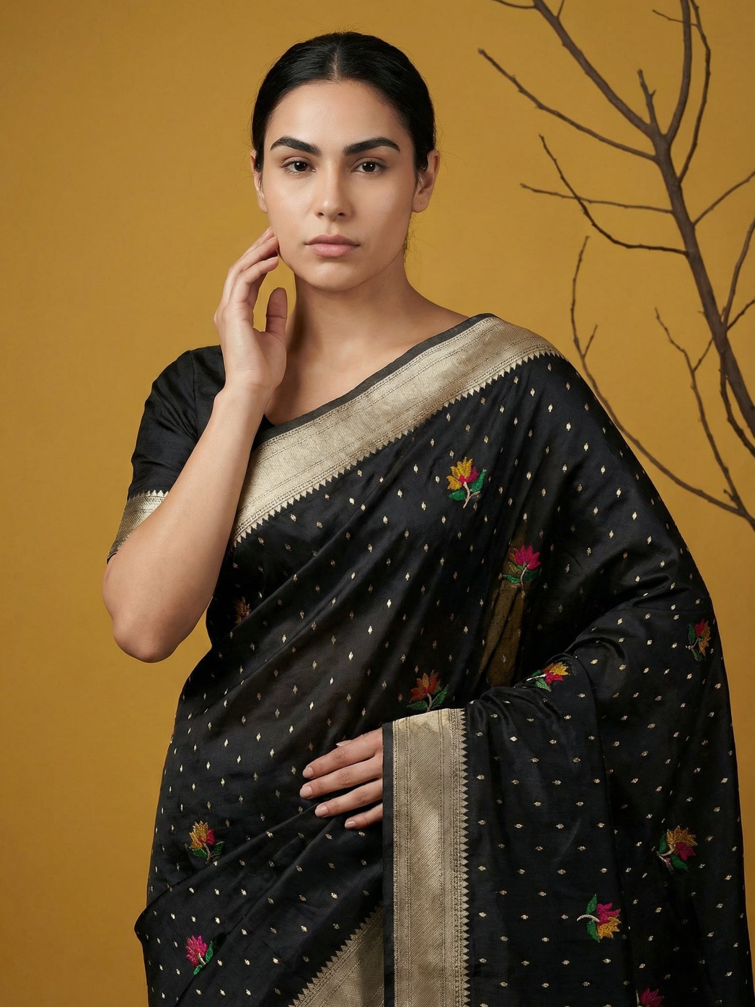 elegant organza saree featuring intricate meenakari weaving design